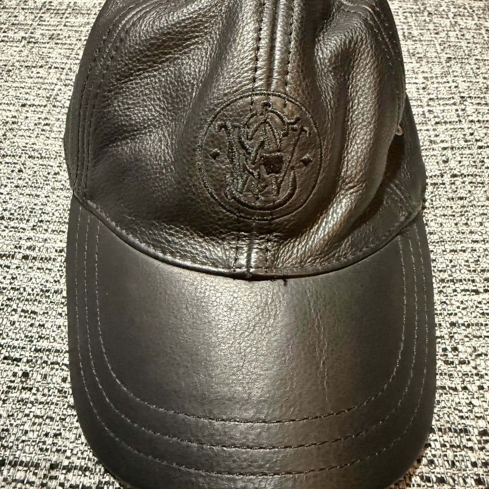 Black Leather Cap with Stitched Smith and Wesson Logo